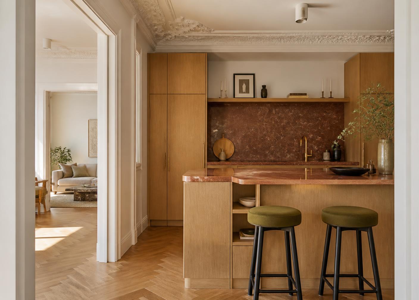 Renovated Madrid apartment with oak cabinetry and restored mouldings